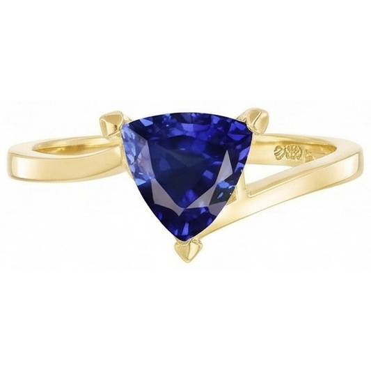 Bague en forme de trillion solitaire saphir Srilanka or jaune 1 carat