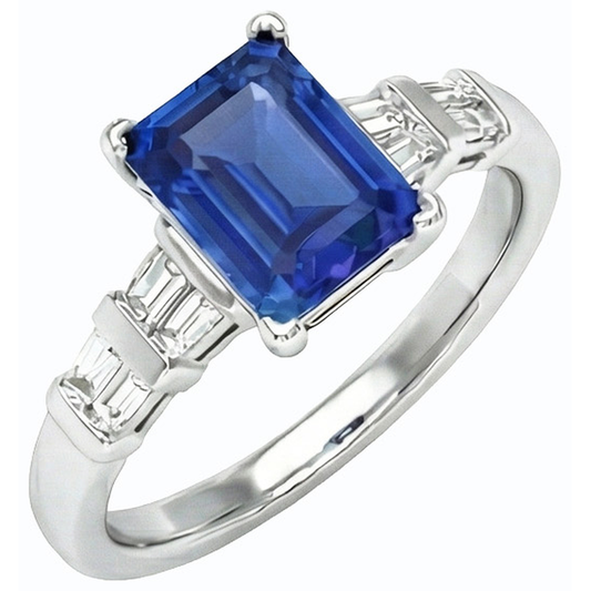 Bague en or 3 carats et saphir de Ceylan émeraude avec diamants baguette
