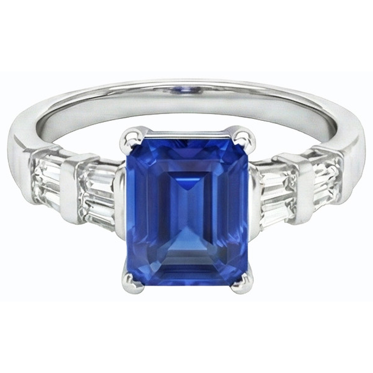 Bague en or 3 carats et saphir de Ceylan émeraude avec diamants baguette