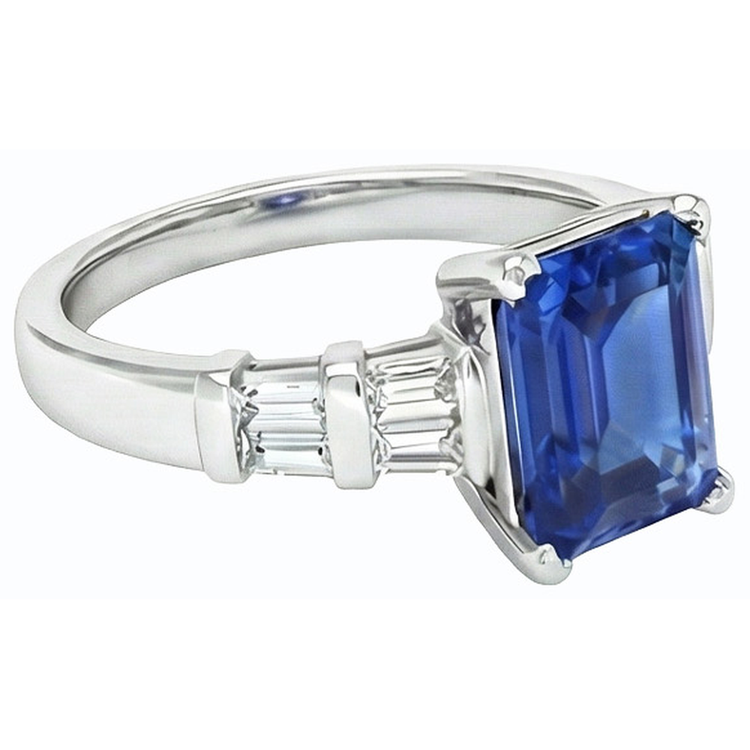Bague en or 3 carats et saphir de Ceylan émeraude avec diamants baguette