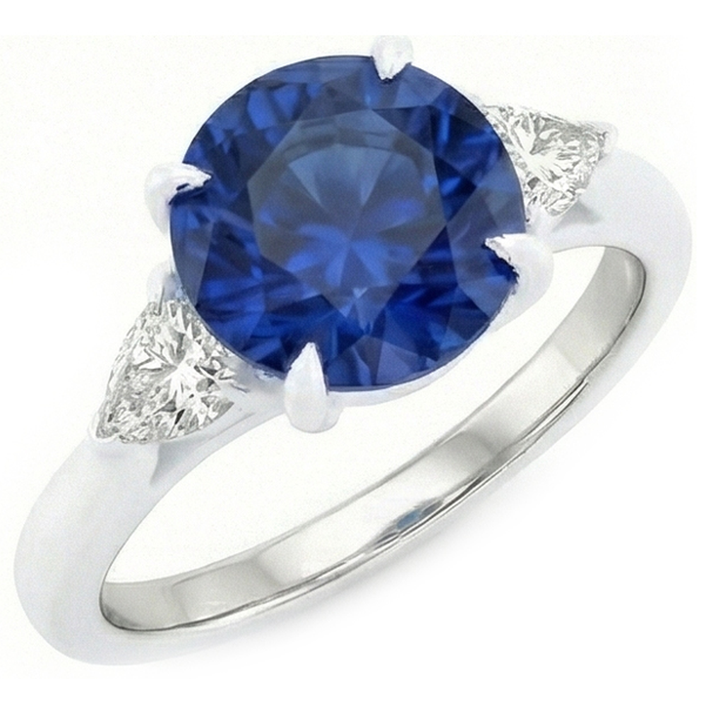 Bague en or 3 pierres rondes saphir bleu et mille milliards de diamants 2.50 carats