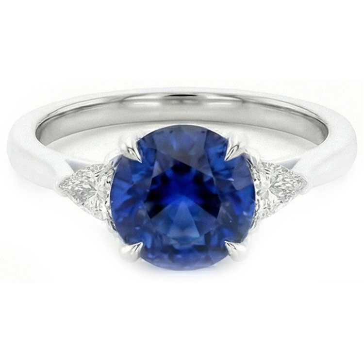 Bague en or 3 pierres rondes saphir bleu et mille milliards de diamants 2.50 carats