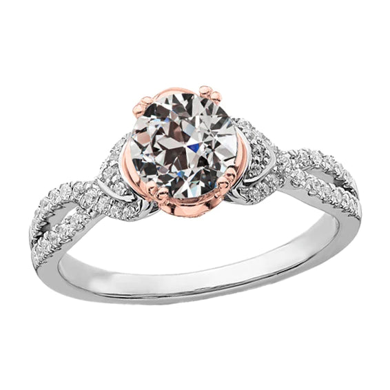 Bague en or 4 carats ronde Vieux mineur Réel diamant pavé tige fendue