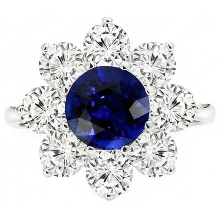 Bague en or Halo Diamant Bleu Rond Saphir Style Fleur 4.50 Carats