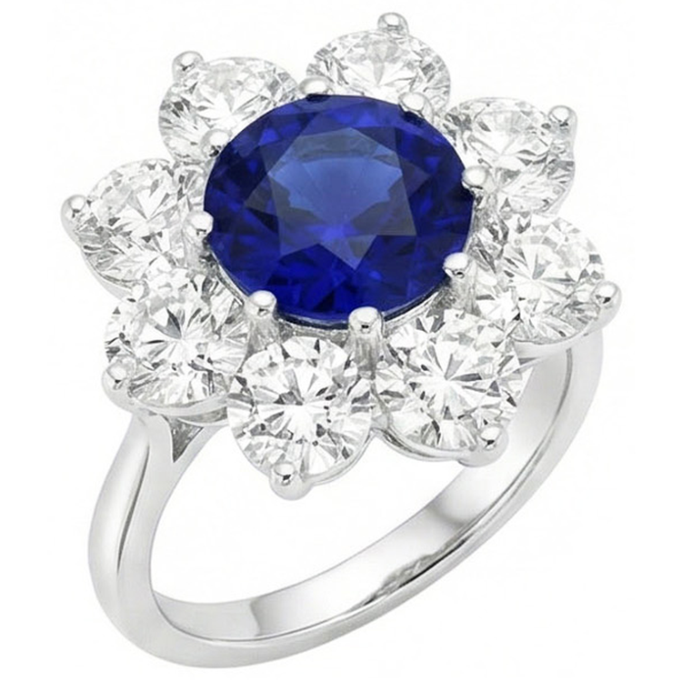 Bague en or Halo Diamant Bleu Rond Saphir Style Fleur 4.50 Carats