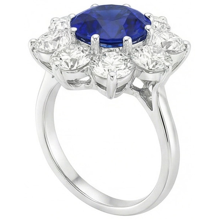 Bague en or Halo Diamant Bleu Rond Saphir Style Fleur 4.50 Carats