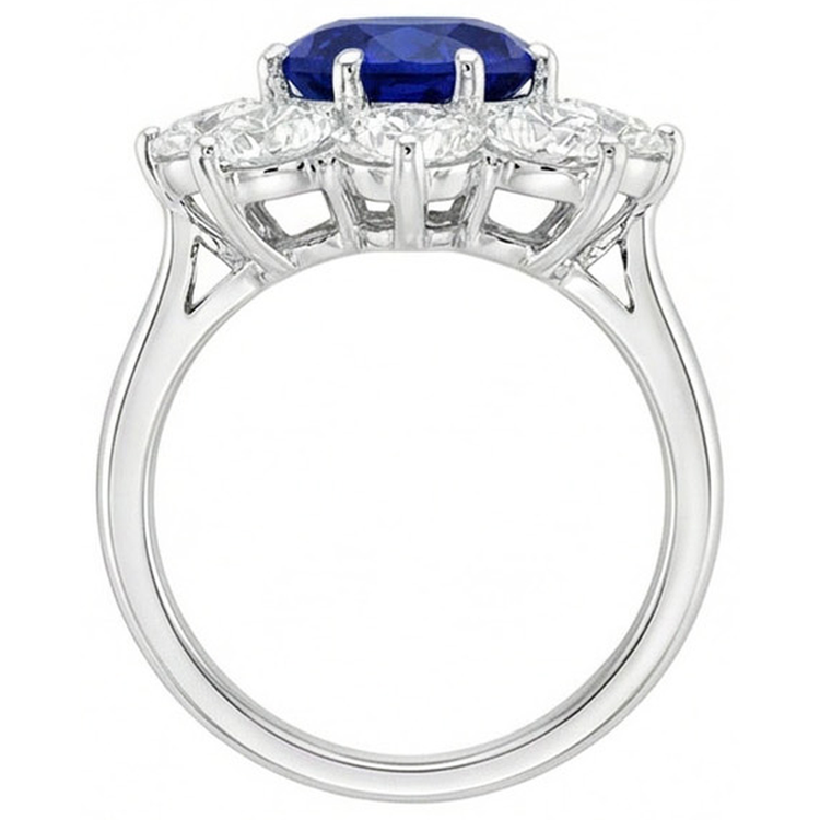 Bague en or Halo Diamant Bleu Rond Saphir Style Fleur 4.50 Carats