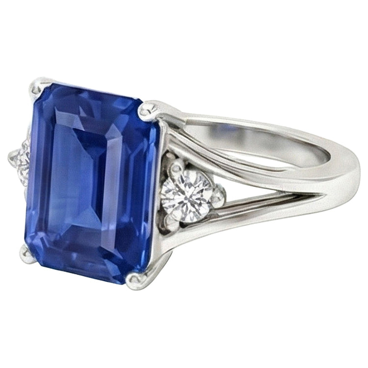 Bague en or à trois pierres et saphir bleu émeraude 2.50 carats tige fendue