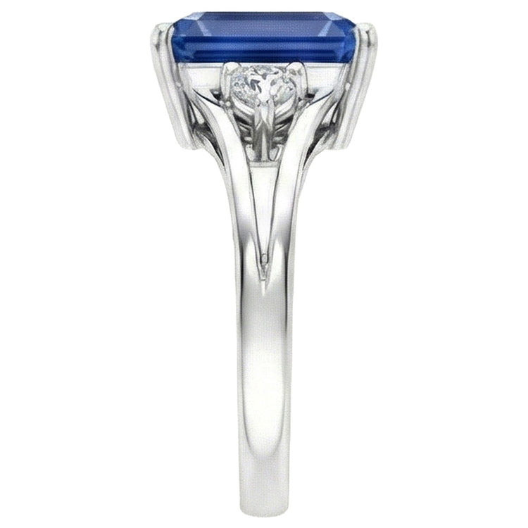 Bague en or à trois pierres et saphir bleu émeraude 2.50 carats tige fendue