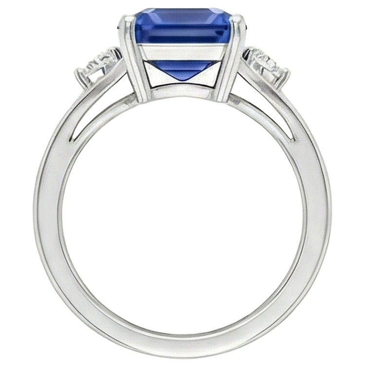 Bague en or à trois pierres et saphir bleu émeraude 2.50 carats tige fendue