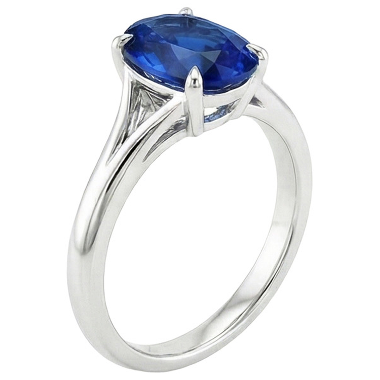 Bague en or avec saphir bleu solitaire sertie de griffes tige fendue ovale 3 carats