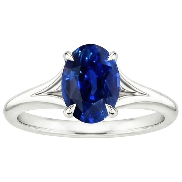 Bague en or avec saphir bleu solitaire sertie de griffes tige fendue ovale 3 carats
