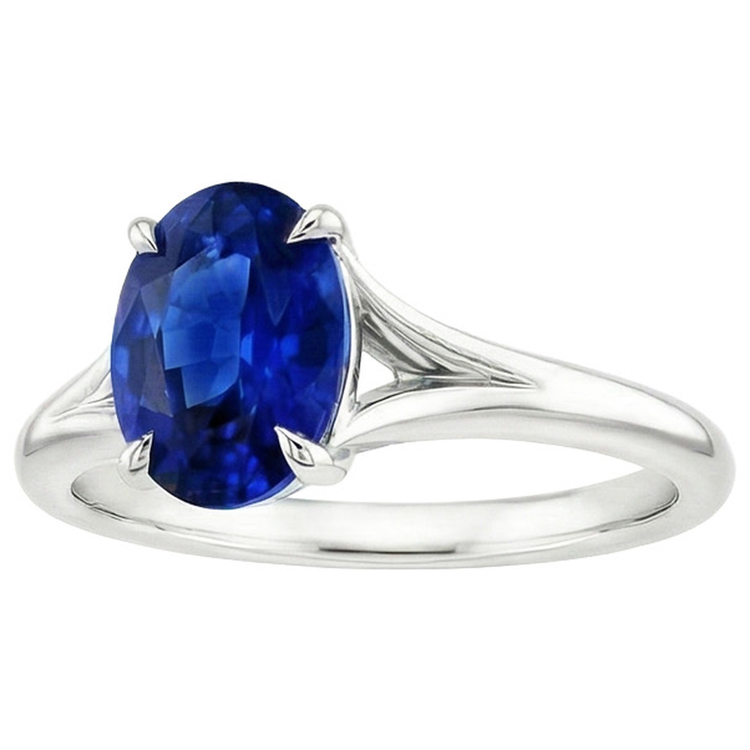 Bague en or avec saphir bleu solitaire sertie de griffes tige fendue ovale 3 carats