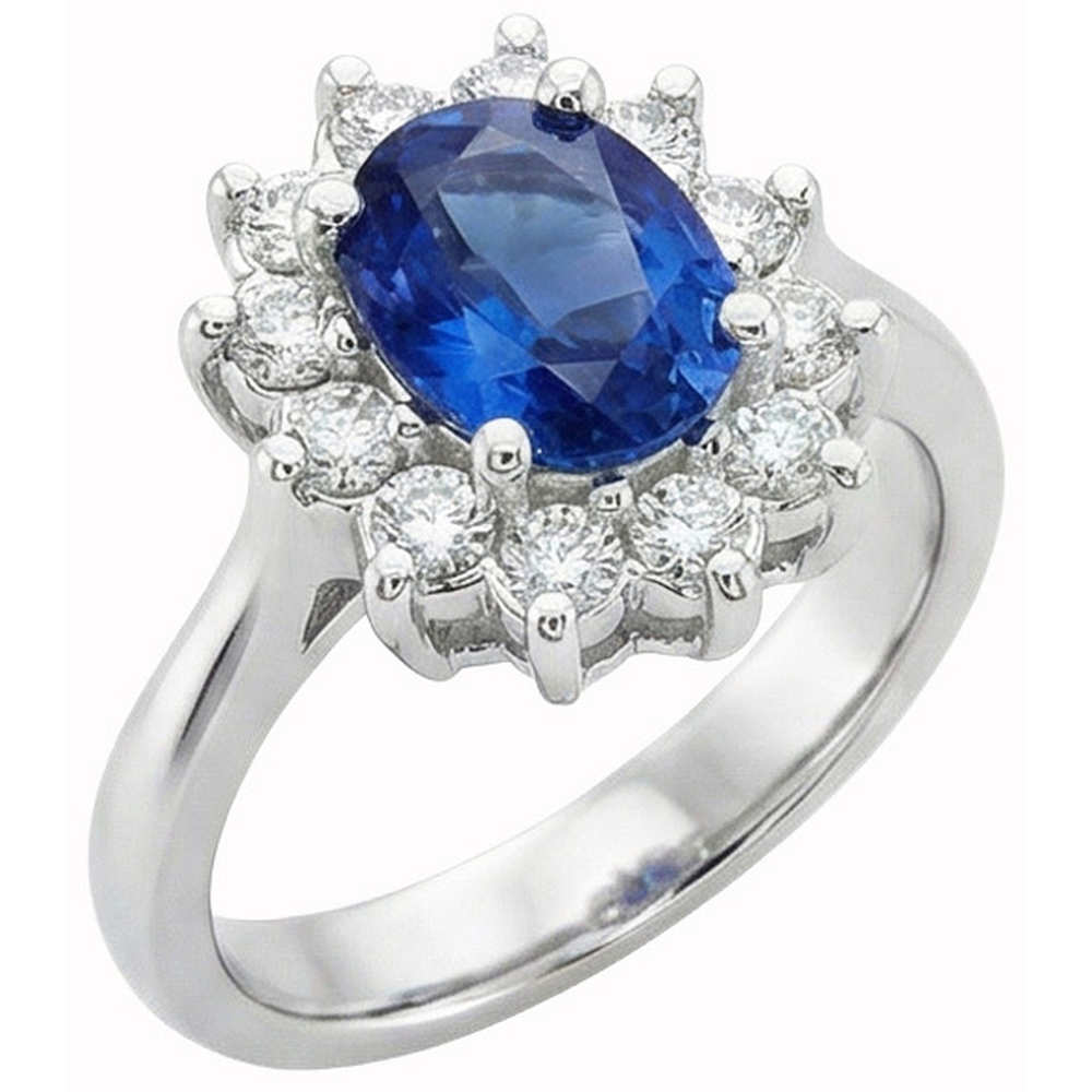 Bague en or blanc 14K avec halo de diamants et saphir de Ceylan 3.20 ct.