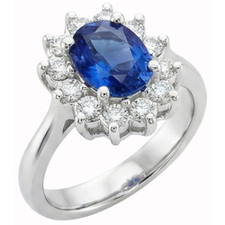 Bague en or blanc 14K avec halo de diamants et saphir de Ceylan 3.20 ct.