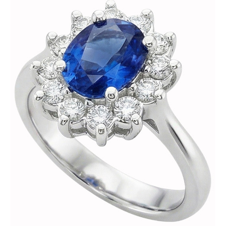 Bague en or blanc 14K avec halo de diamants et saphir de Ceylan 3.20 ct.