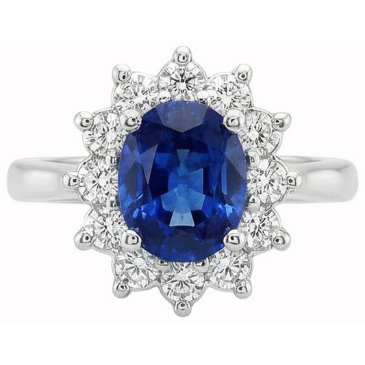 Bague en or blanc 14K avec halo de diamants et saphir de Ceylan 3.20 ct.