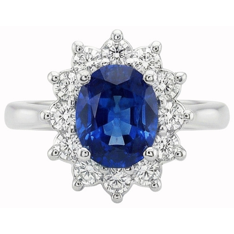 Bague en or blanc 14K avec halo de diamants et saphir de Ceylan 3.20 ct.