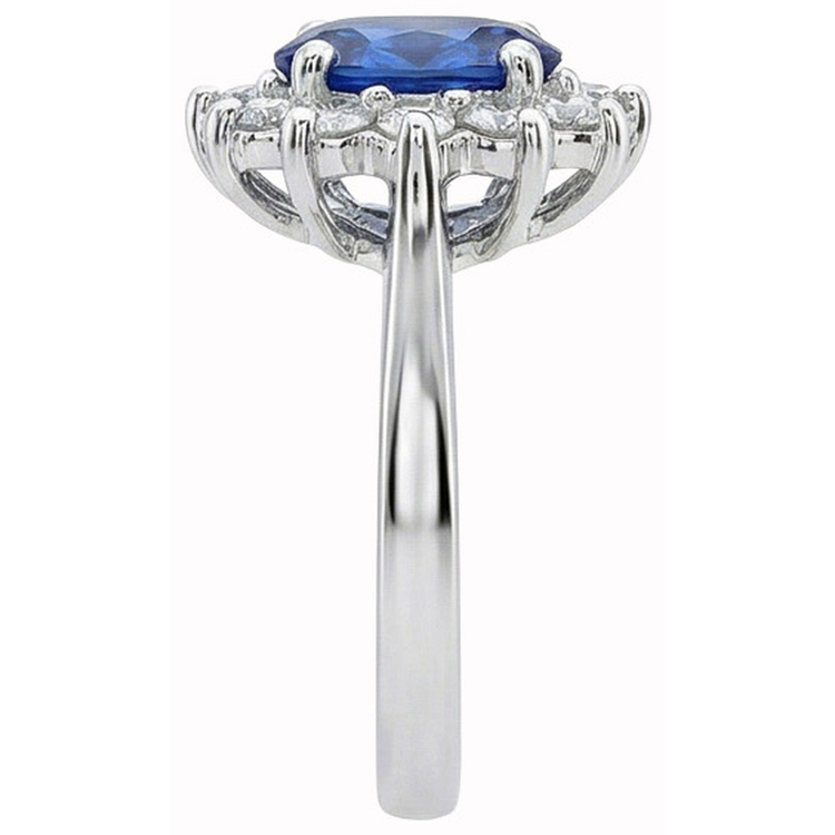 Bague en or blanc 14K avec halo de diamants et saphir de Ceylan 3.20 ct.
