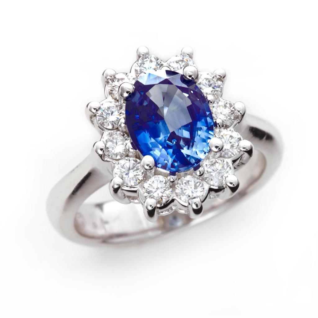 Bague en or blanc 14K avec halo de diamants et saphir de Ceylan 3.20 ct. - HarryChadEnt.FR