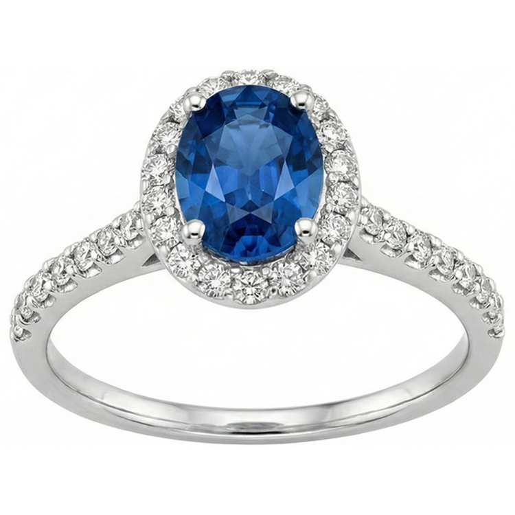 Bague en or blanc 14K avec halo de saphir bleu de Ceylan ovale 2.15 ct.