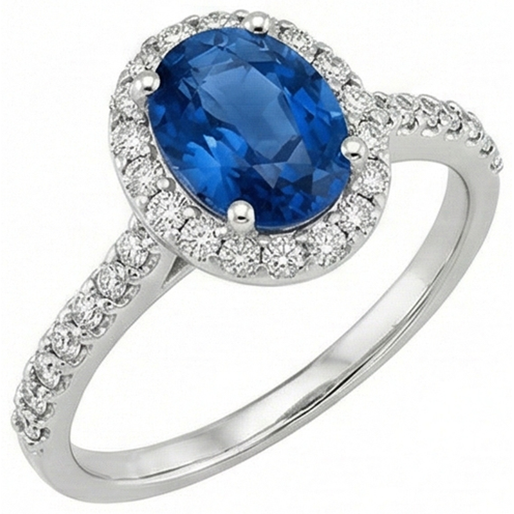 Bague en or blanc 14K avec halo de saphir bleu de Ceylan ovale 2.15 ct.