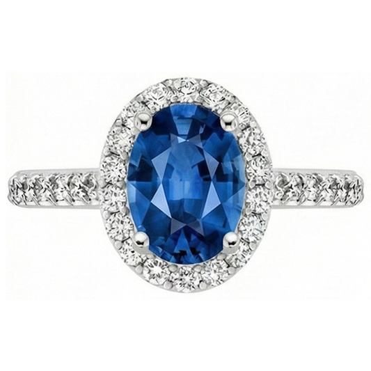 Bague en or blanc 14K avec halo de saphir bleu de Ceylan ovale 2.15 ct.
