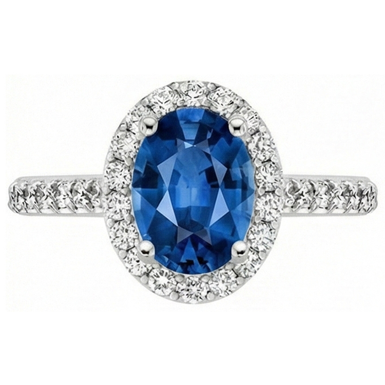 Bague en or blanc 14K avec halo de saphir bleu de Ceylan ovale 2.15 ct.