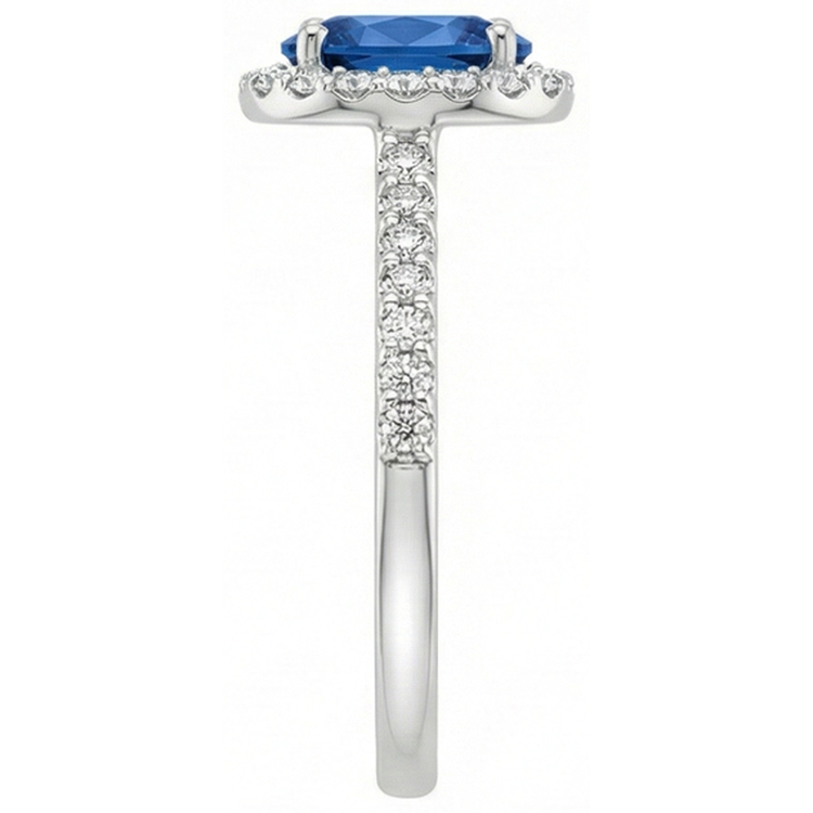 Bague en or blanc 14K avec halo de saphir bleu de Ceylan ovale 2.15 ct.