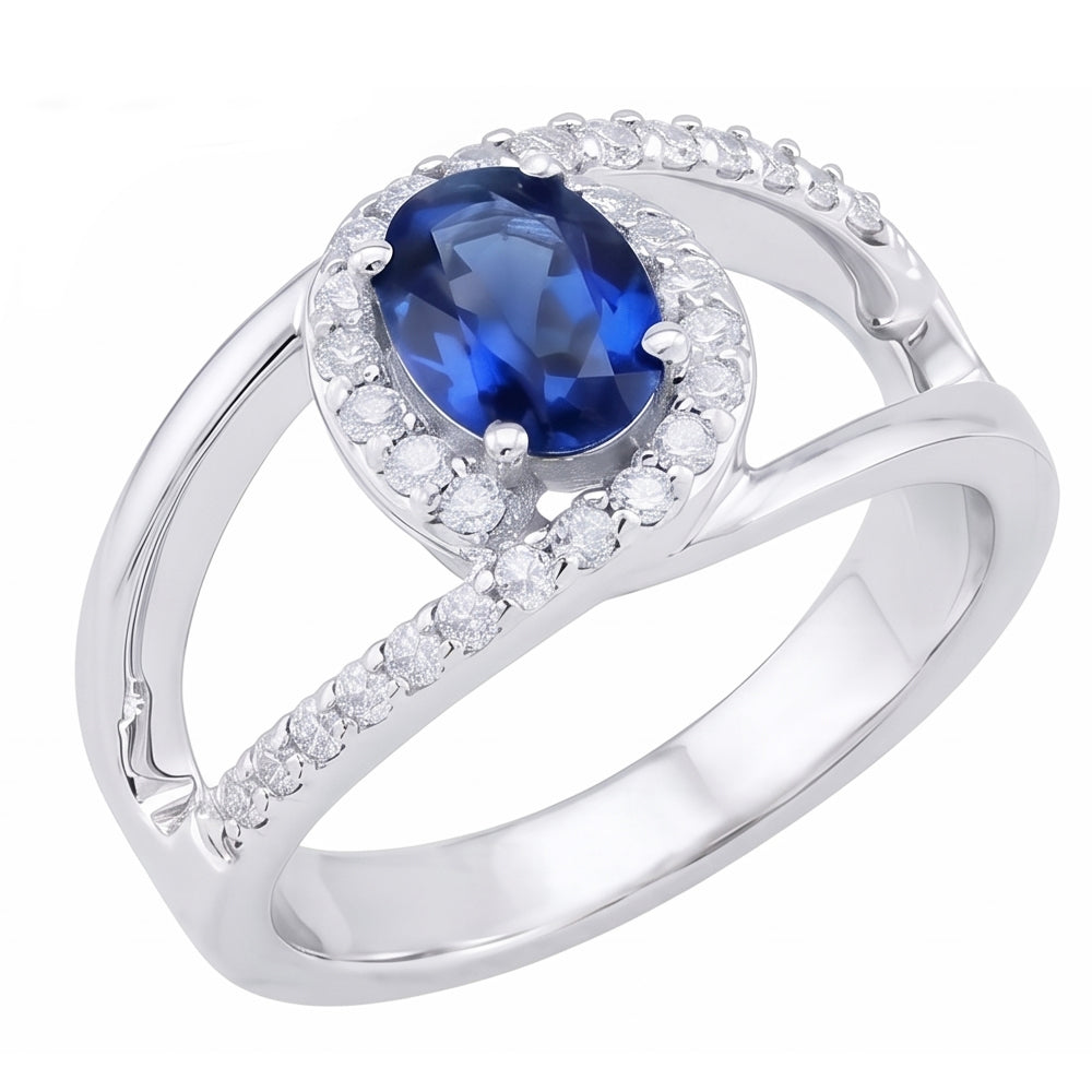 Bague en or blanc 14K avec saphir bleu de Ceylan ovale de 2.75 ct et diamants
