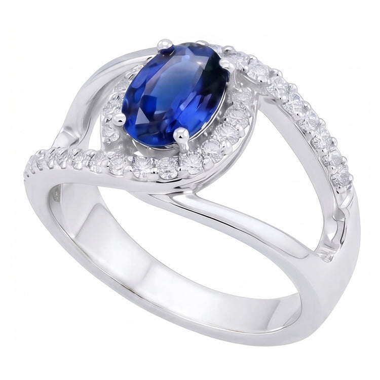 Bague en or blanc 14K avec saphir bleu de Ceylan ovale de 2.75 ct et diamants