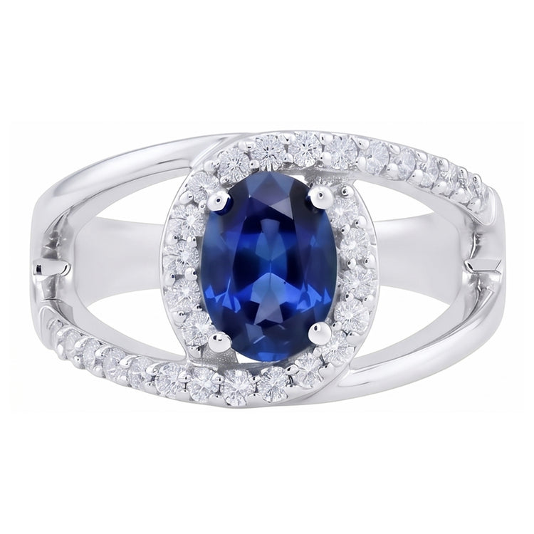 Bague en or blanc 14K avec saphir bleu de Ceylan ovale de 2.75 ct et diamants