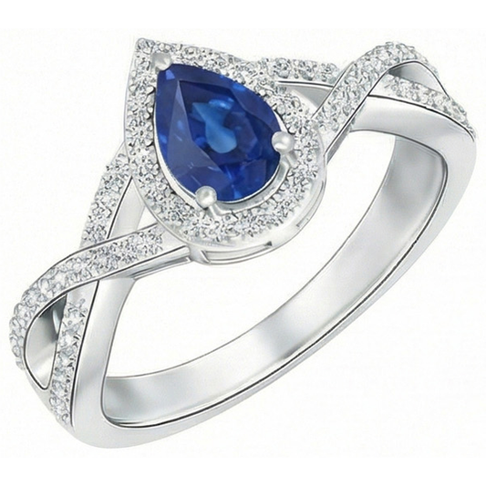Bague en or blanc 14K poire et saphir bleu du Sri Lanka Coupe Ronde 4.90 ct