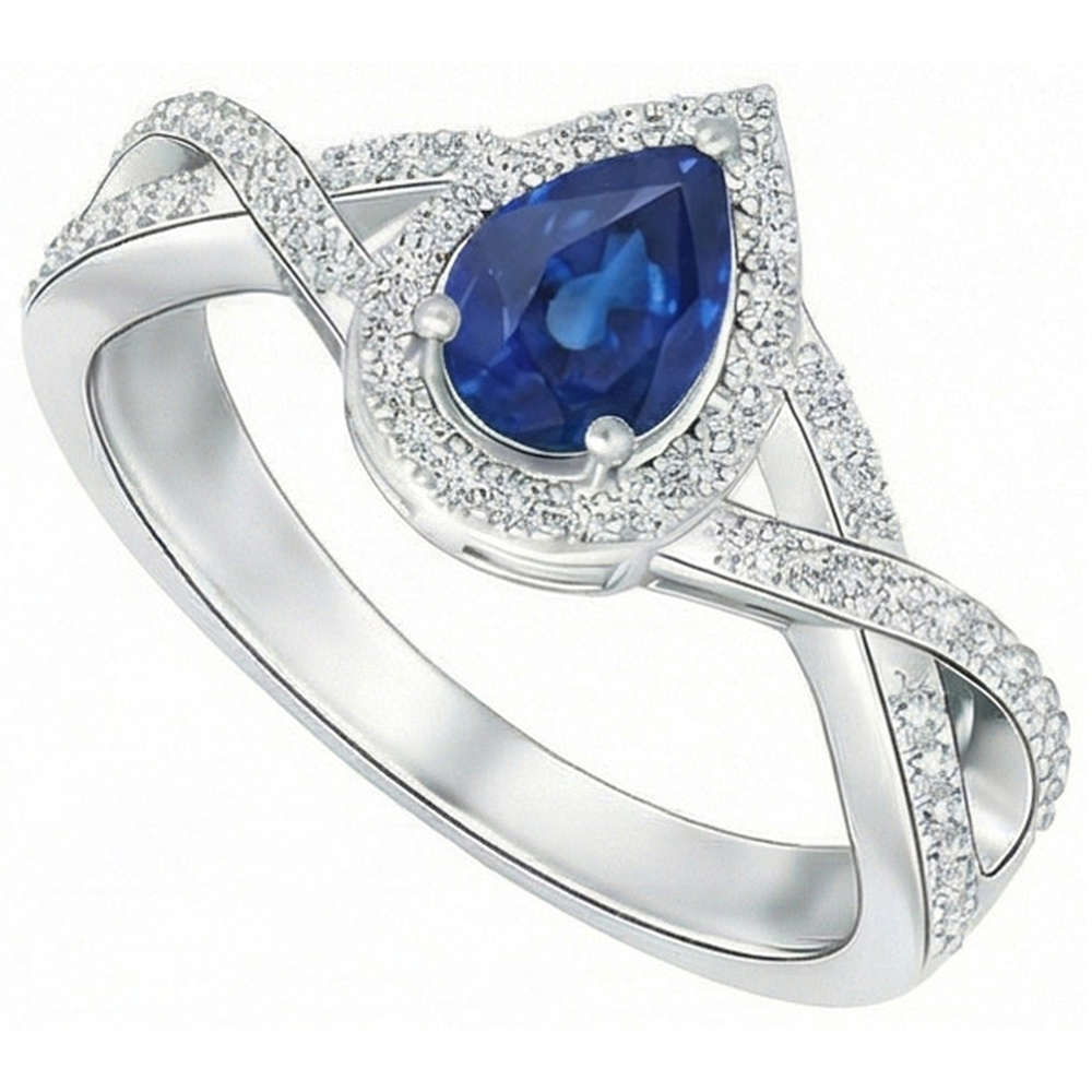 Bague en or blanc 14K poire et saphir bleu du Sri Lanka Coupe Ronde 4.90 ct