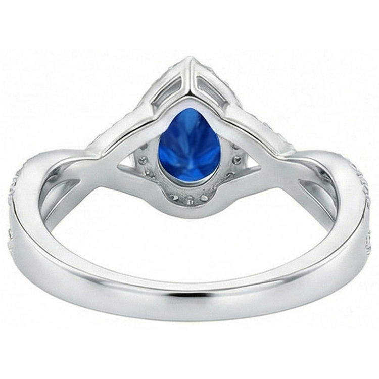 Bague en or blanc 14K poire et saphir bleu du Sri Lanka Coupe Ronde 4.90 ct