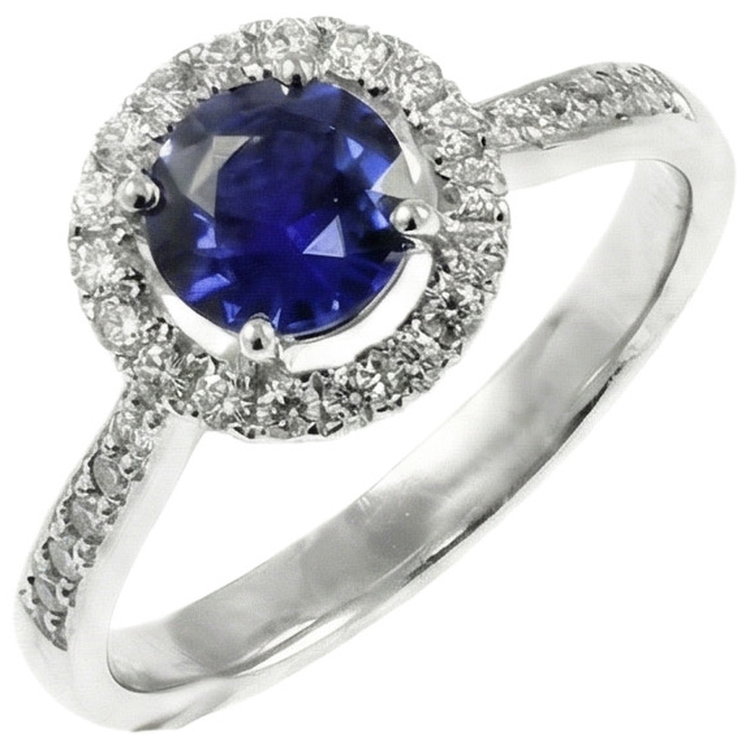 Bague en or blanc 14k avec saphir du Sri Lanka Coupe Ronde et diamants 2.5 carats
