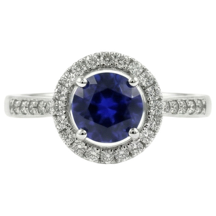 Bague en or blanc 14k avec saphir du Sri Lanka Coupe Ronde et diamants 2.5 carats