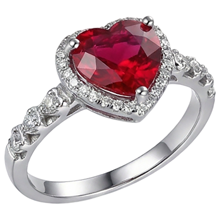 Bague en or blanc 4.5 carats rubis taille coeur rouge et diamants