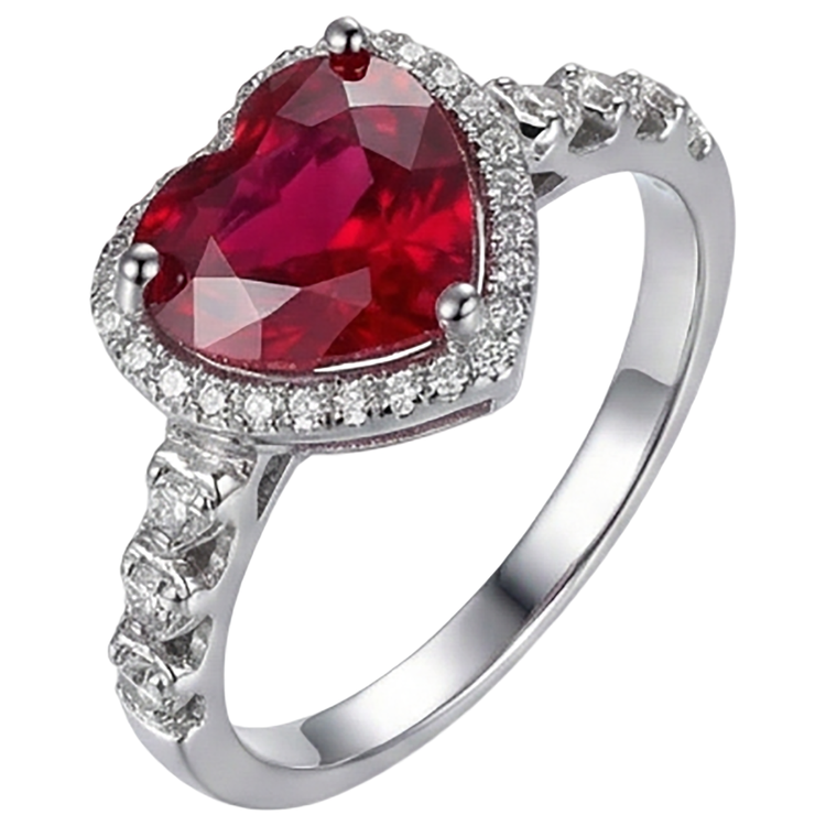 Bague en or blanc 4.5 carats rubis taille coeur rouge et diamants