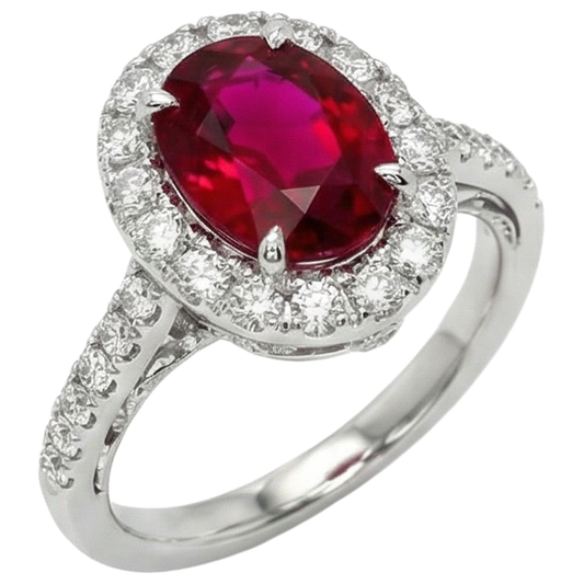 Bague en or blanc avec rubis et diamants taille ovale de 4.5 ct