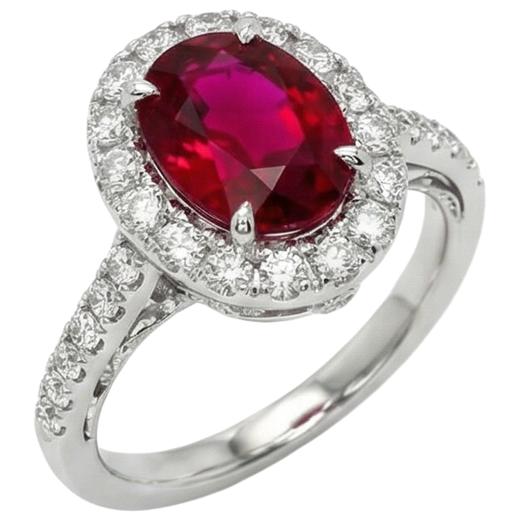 Bague en or blanc avec rubis et diamants taille ovale de 4.5 ct