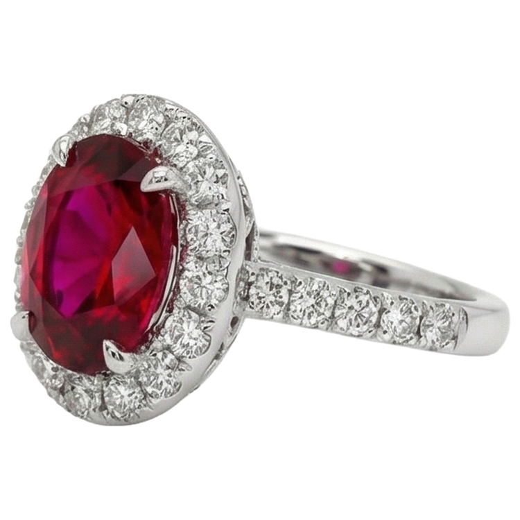 Bague en or blanc avec rubis et diamants taille ovale de 4.5 ct