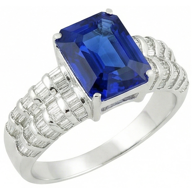 Bague en or blanc avec saphir de Ceylan de 7.51 ct et émeraude et diamants baguette