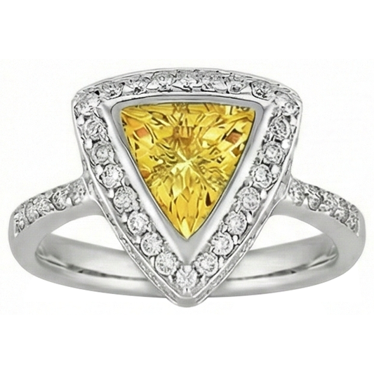 Bague en or blanc avec saphir jaune et diamants ronds taille trillion 3 carats