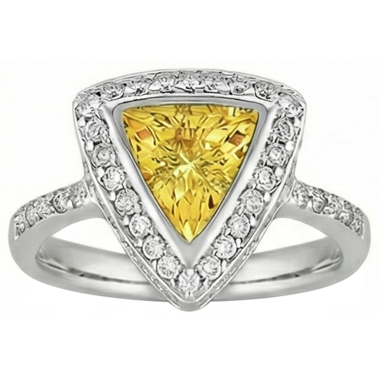 Bague en or blanc avec saphir jaune et diamants ronds taille trillion 3 carats