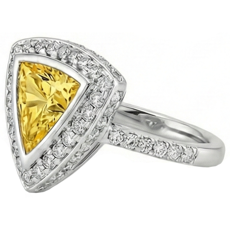 Bague en or blanc avec saphir jaune et diamants ronds taille trillion 3 carats