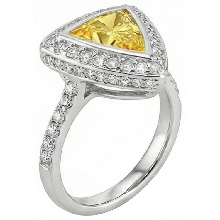 Bague en or blanc avec saphir jaune et diamants ronds taille trillion 3 carats