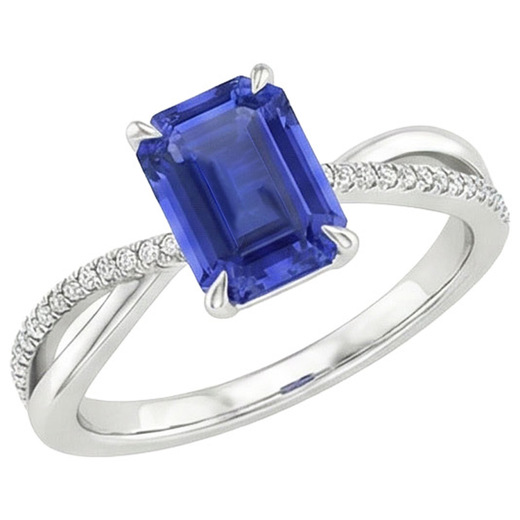 Bague en or bleu saphir et diamant avec accents tige torsadée 4 carats