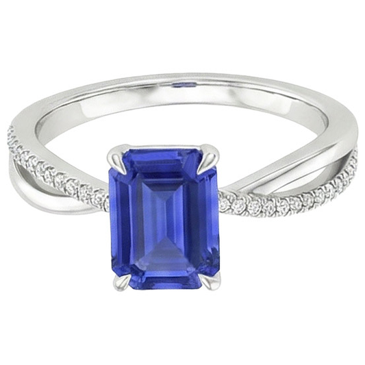 Bague en or bleu saphir et diamant avec accents tige torsadée 4 carats