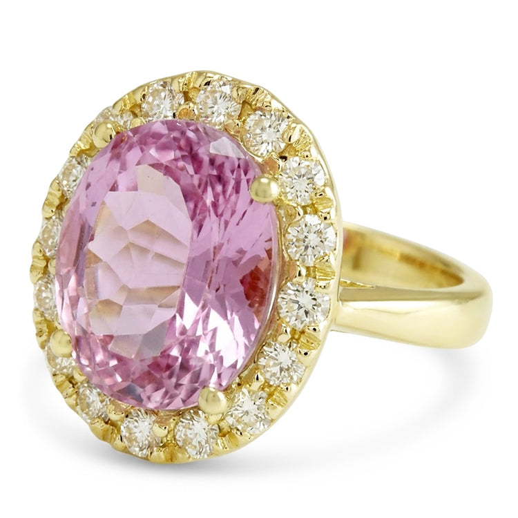 Bague en or jaune 14K ovale rose Kunzite pierres précieuses bijoux 16 carats